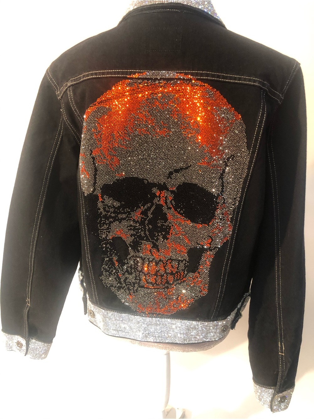 Black Jean Jacket with Orange & Silver crystals Skull